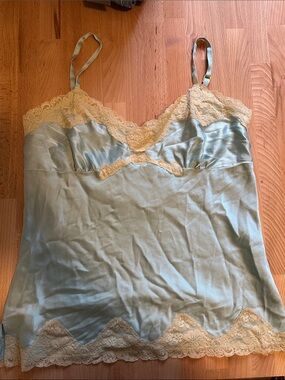 Y2K vintage Express - Light Sage/blueSatin Slip with Cream Lace Trim